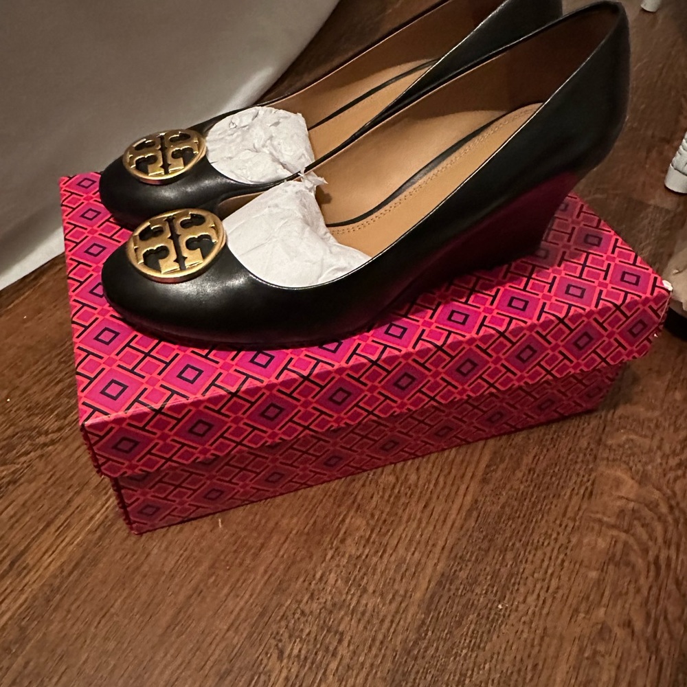 Tory Burch Black Wedge Heels with Gold Logo